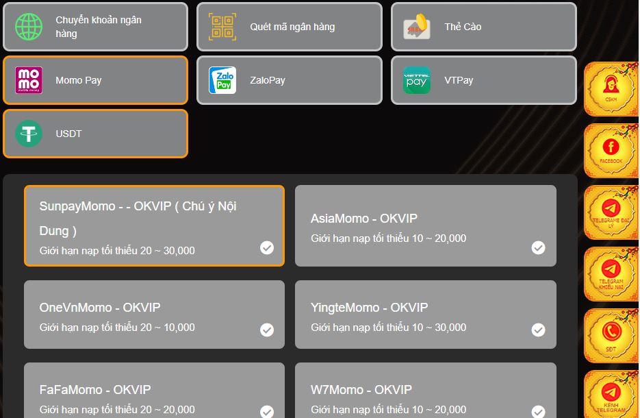 Danh sách các phương pháp nạp tiền được hiển thị. Bạn lựa chọn ví điện tử đang sử dụng trong số các ví được 789bet hỗ trợ gồm Momo, VTPay, Zalo Pay và USDT.